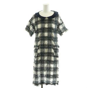 AD2012 シャツワンピース ひざ丈 半袖 チェック柄 丸襟 シワ加工 麻混 リネン混 シルク混 絹混 S グレー 白 ホワイト