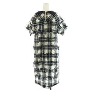 Tao AD2012 シャツワンピース ひざ丈 半袖 チェック柄 丸襟 シワ加工 麻混 リネン混 シルク混 絹混 S グレー 白 ホワイト