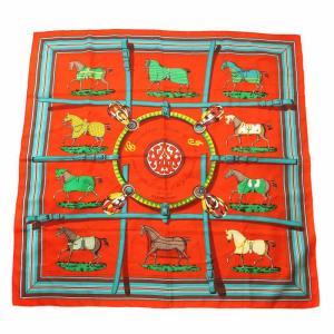 カレ90 Couvertures et tenues de Jour 馬着 ストール スカーフ 大判 シルク 総柄 オレンジ