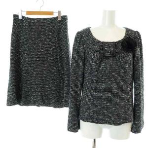 セットアップ 上下 ニット カットソー 長袖 フレアスカート ひざ丈 ツイード ウール混 コサージュ付き 40 L 黒 ブラック