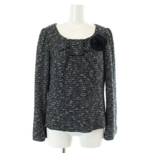 M'S GRACY セットアップ 上下 ニット カットソー 長袖 フレアスカート ひざ丈 ツイード ウール混 コサージュ付き 40 L 黒 ブラック