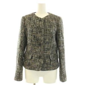 OLD ENGLAND セットアップ 上下 ノーカラージャケット 総裏地 フレアスカート ひざ丈 ツイード ウール混 36 M 黒 ブラック