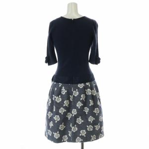 M'S GRACY ワンピース ギャザースカート 七分袖 ニット切替 リボン 薔薇 バラ 花柄 フラワー ひざ丈 36 S 紺 ネイビー