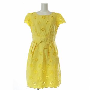 ワンピース 半袖 フレンチスリーブ カットワーク リボン 花柄 フラワー ひざ丈 38 M 黄色 イエロー