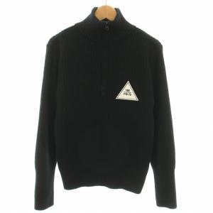 ニット セーター ハーフジップ 長袖 リブ編み ロゴワッペン ウール 黒 ブラック G013-N001