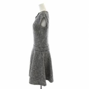 TOCCA ツイードワンピース ひざ丈 フレア ビジュー キーネック ウール混 フレンチスリーブ 2 M 黒 ブラック