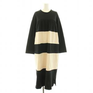 UNITED ARROWS style for living フレアワンピース ギャザー マキシ ロング 長袖 クルーネック ストレッチ 切替 ボーダー柄