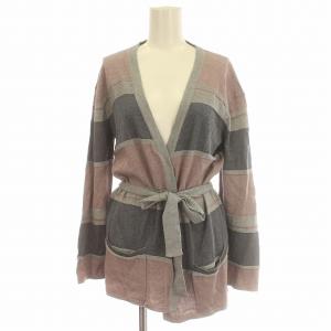 カーディガン ニット ボーダー リボンベルト付 38 M グレー ピンク /G