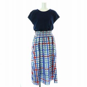 21SS ワンピース フレア ロング マキシ フレンチスリーブ ドッキング チェック 1 S 紺 ネイビー