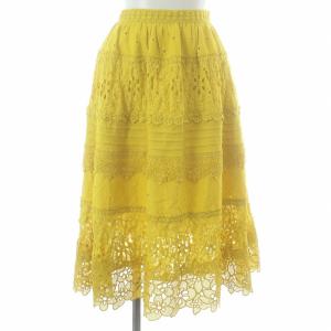 フラワーレーススカート ロング ミモレ 花柄 カットワーク レース フレア 1 S 黄 イエロー