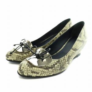 パンプス パイソン型押しレザー リボン プレート ハイヒール ウェッジソール 36.5 23.5cm アイボリー 黒 ブラック