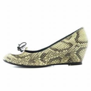 ARMANI COLLEZIONI パンプス パイソン型押しレザー リボン プレート ハイヒール ウェッジソール 36.5 23.5cm アイボリー 黒 ブラック