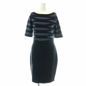 ニットワンピース ひざ丈 コクーン ボーダー ボートネック 半袖 40 M 紺 ネイビー