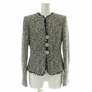 ノーカラージャケット ツイード シングル フリンジ 麻 リネン混 40 M 紺 ネイビー 白 ホワイト グレー