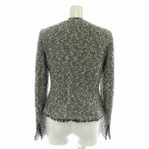 ARMANI COLLEZIONI ノーカラージャケット ツイード シングル フリンジ 麻 リネン混 40 M 紺 ネイビー 白 ホワイト グレー