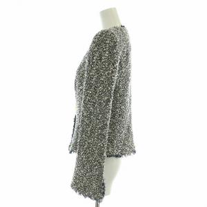 ARMANI COLLEZIONI ノーカラージャケット ツイード シングル フリンジ 麻 リネン混 40 M 紺 ネイビー 白 ホワイト グレー