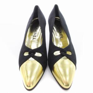 CHANEL パンプス ハイヒール ポインテッドトゥ バイカラー ヌバックレザー 切替 靴 シューズ 36 22.5-23cm 黒 ブラック