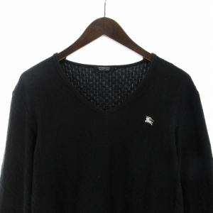 BURBERRY BLACK LABEL Tシャツ カットソー 格子柄 ロゴ 刺繍 Vネック 長袖 2 M 黒 ブラック