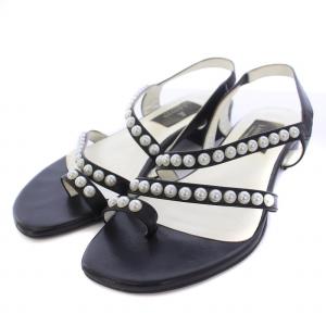 LANVIN COLLECTION サンダル チャンキーヒール ストラップ パール レザー 23cm 黒 ブラック /BM