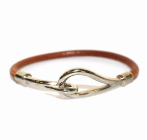 HERMES ジャンボ レザーブレスレット バングル シルバーカラー 茶 ブラウン