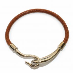 HERMES ジャンボ レザーブレスレット バングル シルバーカラー 茶 ブラウン