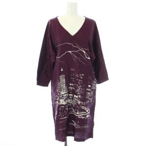 ここのえ ワンピース Vネック 総柄 長袖 ひざ丈 38 S 紫 パープル 白 ホワイト /TK