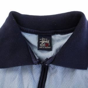 STUSSY 90s ヴィンテージ 紺タグ ポロシャツ カットソー 半袖 ハーフジップ ロゴ 刺繍 コットン M 水色 紺 ネイビー