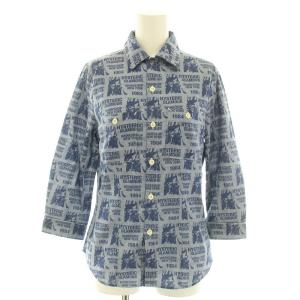 シャツ ブラウス スタンダードカラー 七分袖 ロゴプリント 総柄 FREE 青 ブルー 紺 ネイビー /YT