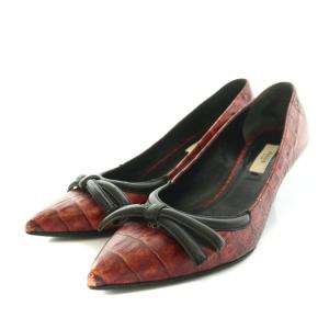 パンプス ポインテッドトゥ ハイヒール レザー クロコ型押し リボン ビブラムソール 35.5 21.5cm