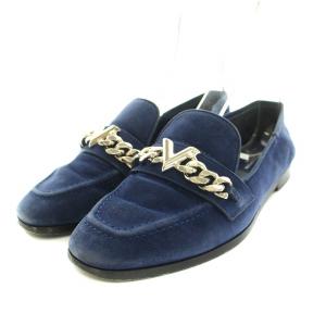 ローファー モカシン Vチェーン スエード ローヒール 35 22.5cm 紺 ネイビー シルバー /YT