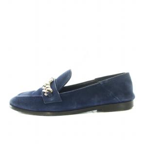 LOUIS VUITTON ローファー モカシン Vチェーン スエード ローヒール 35 22.5cm 紺 ネイビー シルバー /YT
