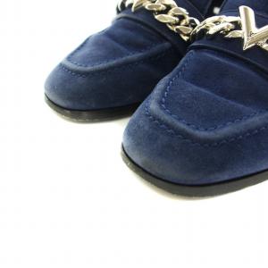LOUIS VUITTON ローファー モカシン Vチェーン スエード ローヒール 35 22.5cm 紺 ネイビー シルバー /YT