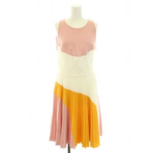 2014年製 ワンピース ひざ丈 ノースリーブ プリーツ 44 XL ピンク 白 ホワイト 黄 イエロー