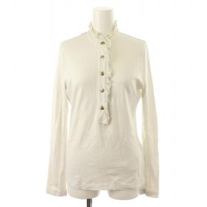 ポロシャツ ハイネック フリル ロゴボタン 長袖 S 白 ホワイト