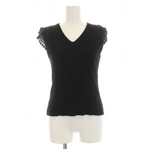 ニット カットソー ノースリーブ Vネック レース 34 S 黒 ブラック /KU