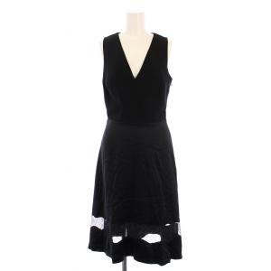 ワンピース ロング ノースリーブ Vネック 切替 サテン シルク 0 黒