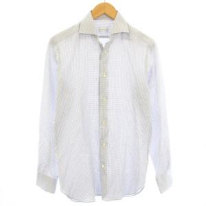 シャツ 長袖 slim fit チェック M 白 ホワイト 紺 ネイビー