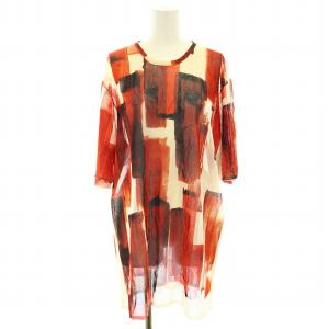 Tシャツ カットソー クルーネック 半袖 総柄 シアー シースルー 絹 シルク S 赤 レッド ベージュ 2 3Y38/5375