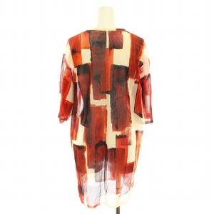 CELINE Tシャツ カットソー クルーネック 半袖 総柄 シアー シースルー 絹 シルク S 赤 レッド ベージュ 2 3Y38/5375