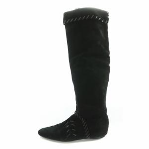 ロングブーツ フラット ラウンドトゥ スエード 38 黒 ブラック /BB