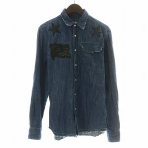 デニムシャツ カジュアル 長袖 レギュラーカラー ワッペン 刺繍 M インディゴ /BB