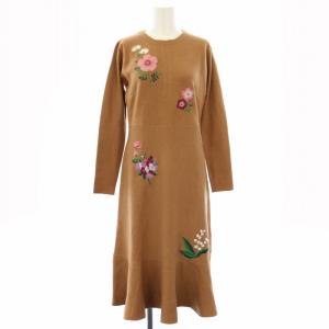 フラワー刺繍ニットワンピース ロング 長袖 1 茶 13W515. /TK