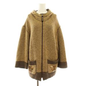 ニットパーカー フーディー ジップアップ アニマルプリント ラインストーン ウール 9 茶 ブラウン /KU