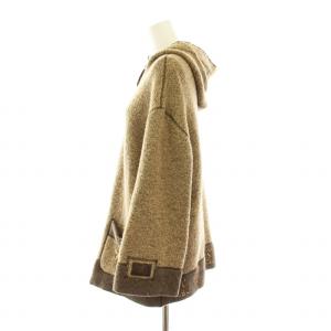 伊太利屋 ニットパーカー フーディー ジップアップ アニマルプリント ラインストーン ウール 9 茶 ブラウン /KU