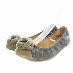 バレエシューズ キルティング カメリア ココマーク レザー 36.5 23.5cm グレー グレージュ