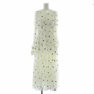 フラワー刺繍ワンピース フレア ミモレ ロング 長袖 Vネック シアー シースルー 刺繍 1 白 ホワイト