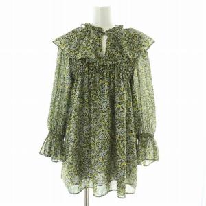 小花ラッフルブラウス フレアシャツ 長袖 スキッパー フリル 花柄 2 緑 グリーン 黄色 イエロー 21213910