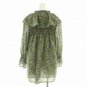 Apuweiser-riche 小花ラッフルブラウス フレアシャツ 長袖 スキッパー フリル 花柄 2 緑 グリーン 黄色 イエロー 21213910