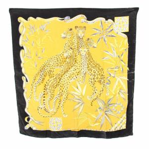 Salvatore Ferragamo スカーフ ヒョウ柄 レオパード柄 絹 シルク 黄 イエロー 黒 ブラック 紺 ネイビー /YT OH