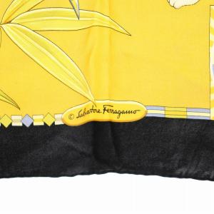 Salvatore Ferragamo スカーフ ヒョウ柄 レオパード柄 絹 シルク 黄 イエロー 黒 ブラック 紺 ネイビー /YT OH